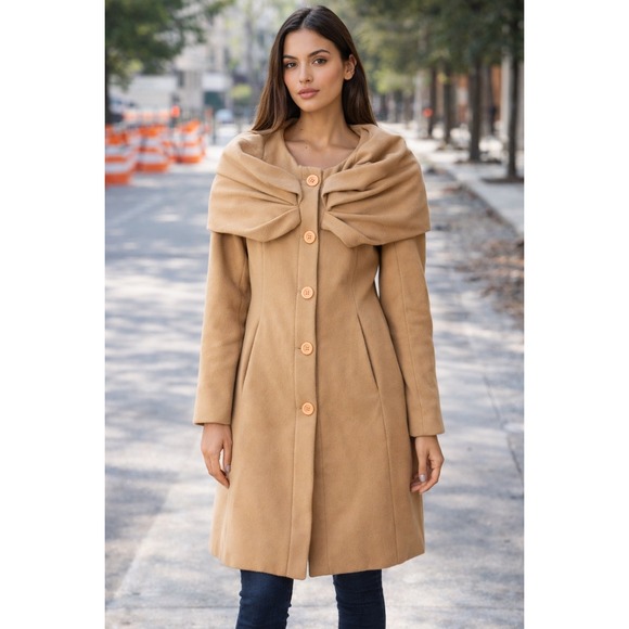 Rinascimento Jackets & Blazers - Rinascimento Women's Camel Wool Blend Bow Collar Coat Size S Made in Italy‎